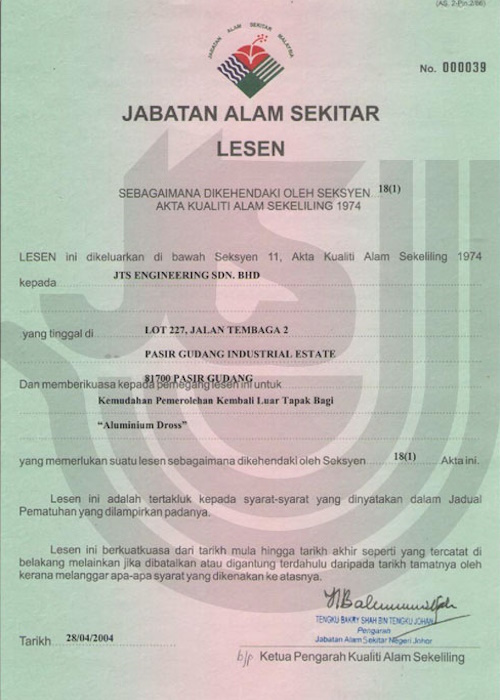 Jabatan Alam Sekitar License - Aluminium Dross