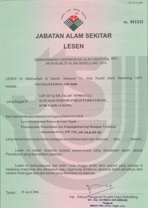 Jabatan Alam Sekitar License (SW104, SW110, SW422)